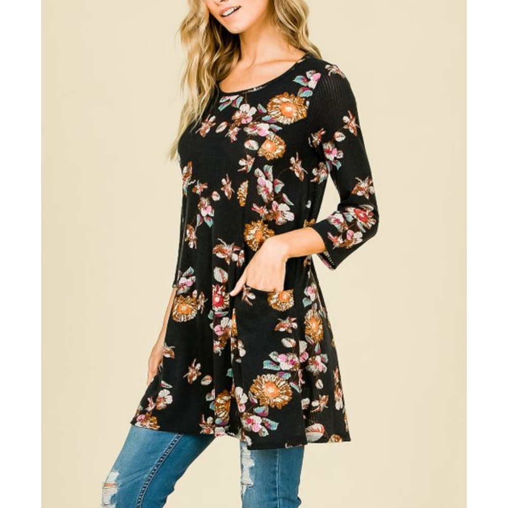 New MISIA Waffle Knit Floral Tunic Mini Dress